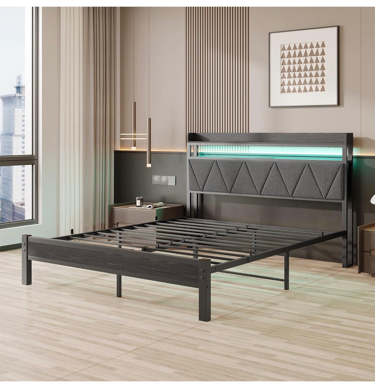 King Size Bed Frames with 5ft Upholstered Wooden Two-shelf Storage Headboard, Charging Station,LED Lights, 150x200 cm Heavy Duty Metal Platform Bed Kingsize,No Box Spring Needed,Grey