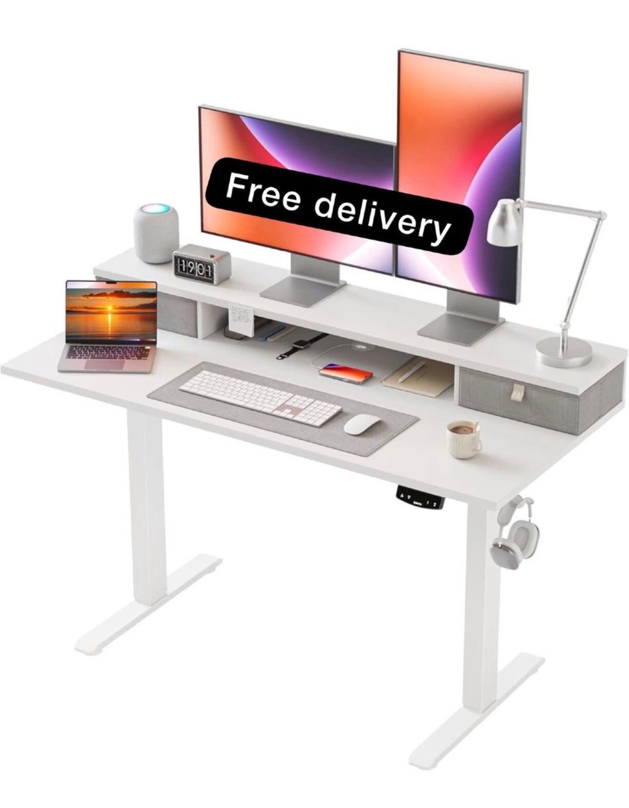 Electric Adjustable Height Desk with 2 Drawers, 120 x 60 cm