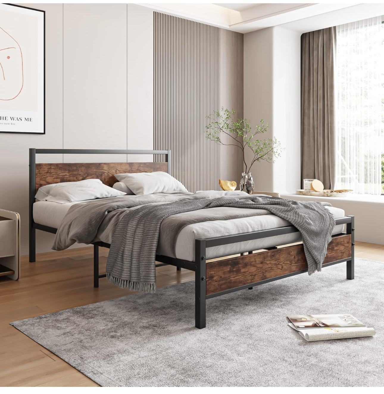Double Bed Frame with Wooden Headboard