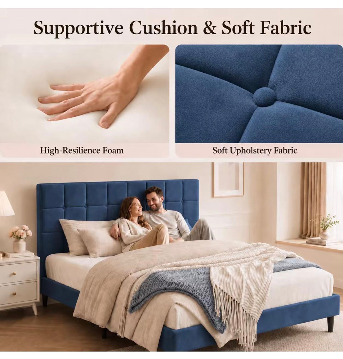 4ft Small Double Bed Frame with Velvet Upholstered Headboard, Blue
Upholstered, Solid slats Support, No Box Spring Needed, Easy Assembly,Underbed Storage,ideal for bedrooms, apartments
