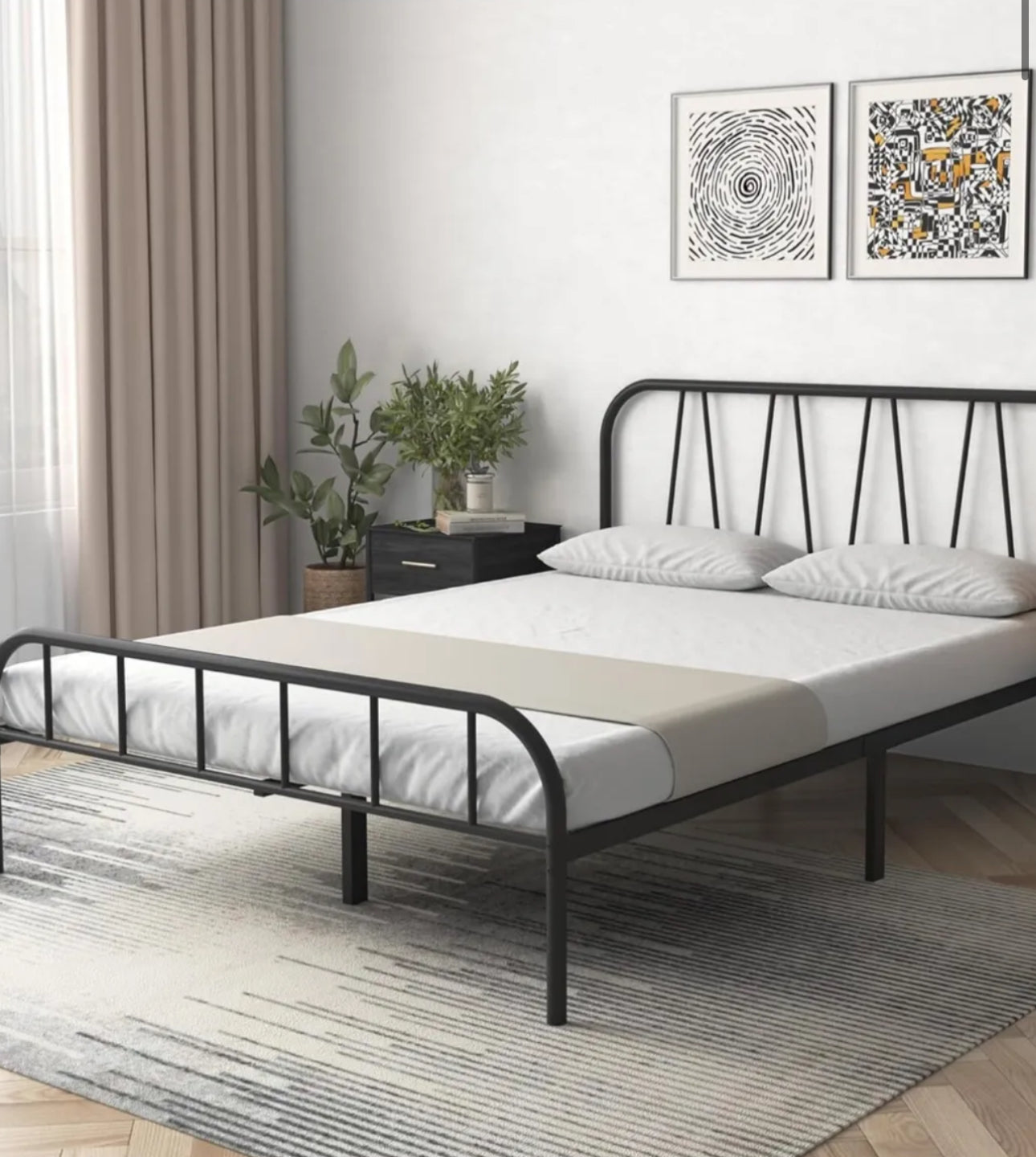 Double Bed Frame, Solid Metal Bed Frame, Modern Platform Bed with High Headboard & Footboard