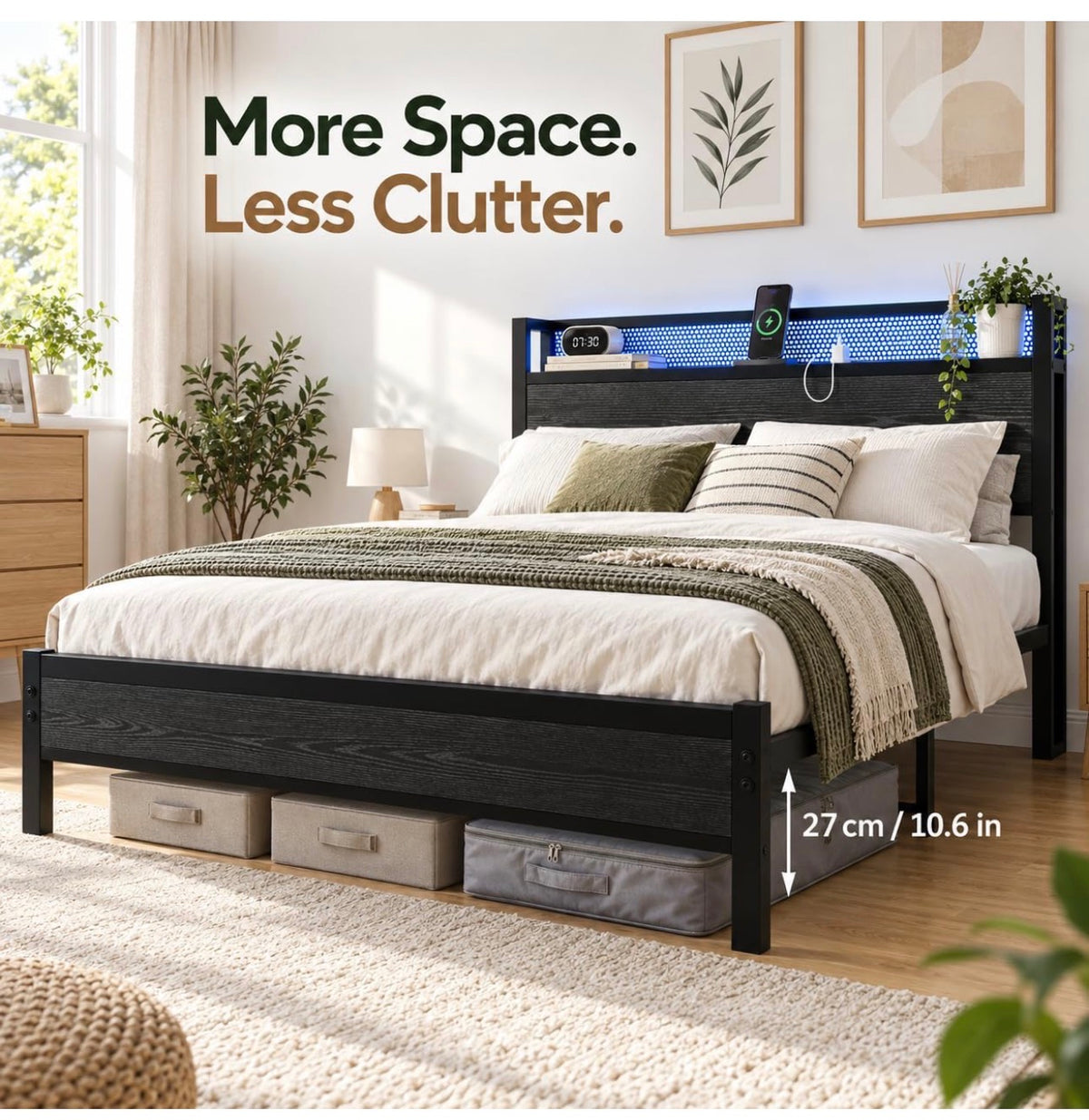 Double Bed Frame with LED Lights Storage Headboard,4ft6 Metal Bed Frame Double Bed with Charging Station,Strong Steel Slats Support,Underbed Storage,Noise Free,Black Bed 135x190cm