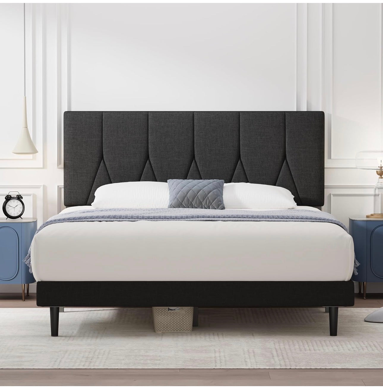 King Bed Frame, Black, Upholstered Wooden Slat Bed Frame with Headboard, Easy Assembly, Underbed Storage, No Box Spring Needed 150×200