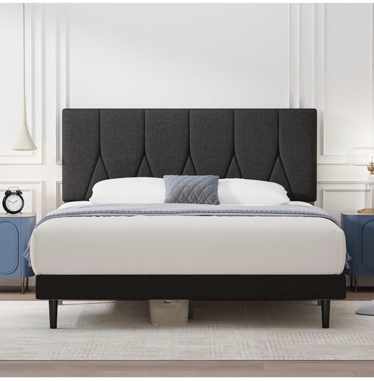 King Bed Frame, Black, Upholstered Wooden Slat Bed Frame with Headboard, Easy Assembly, Underbed Storage, No Box Spring Needed 150×200