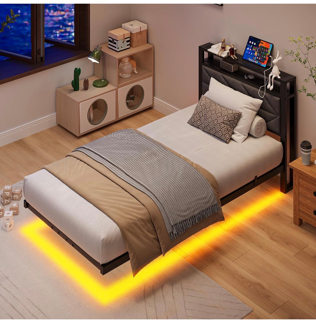 3ft Floating Single Bed Frame Upholstered Platform Bed with Storage Shelf Headboard,Charging Station/LED Lights,Metal Slat Support/Noise Free,No Box Spring Needed,90x190 Single Size,Black