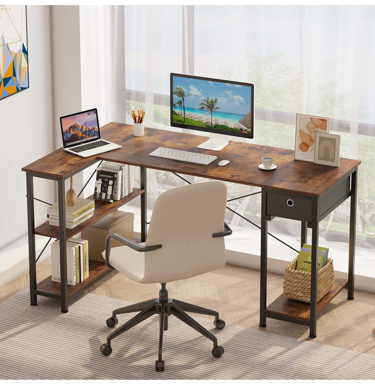 L Shaped Desk with Storage Shelves 56.7"