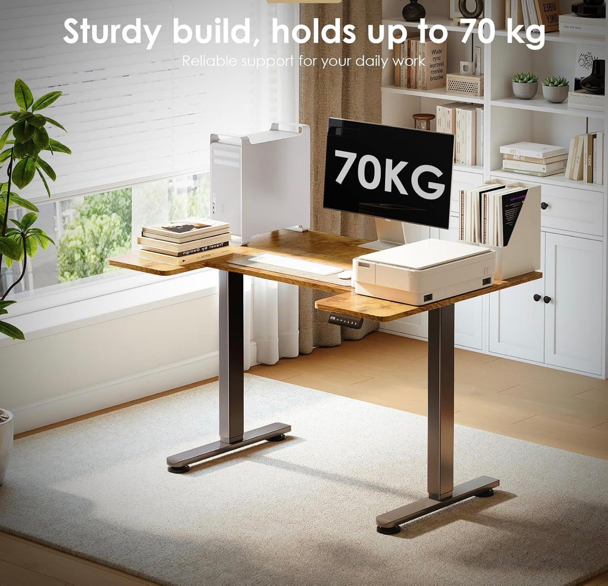 140×70cm Electric Sit Stand Desk, Ergonomic Wrap Around Computer Table, Ultra Quiet Motor for Home Office Living Room, Brown