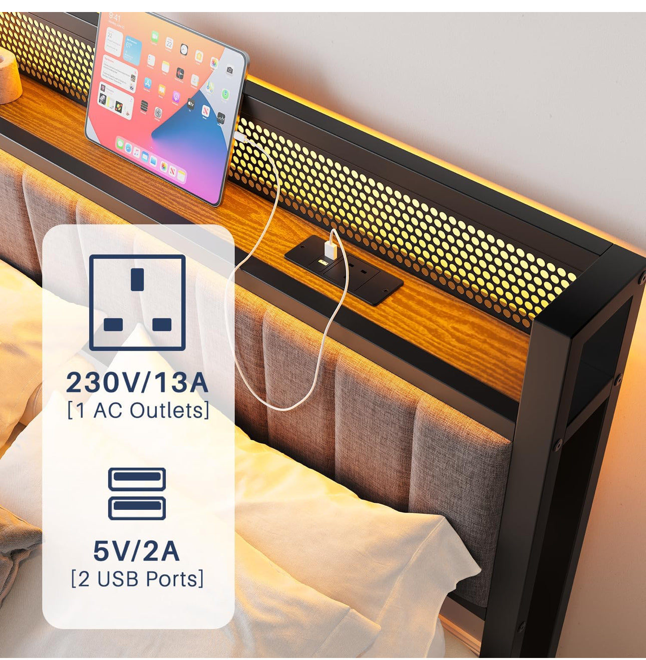 Upholstered Bed Frame Double Bed with Charging Station
