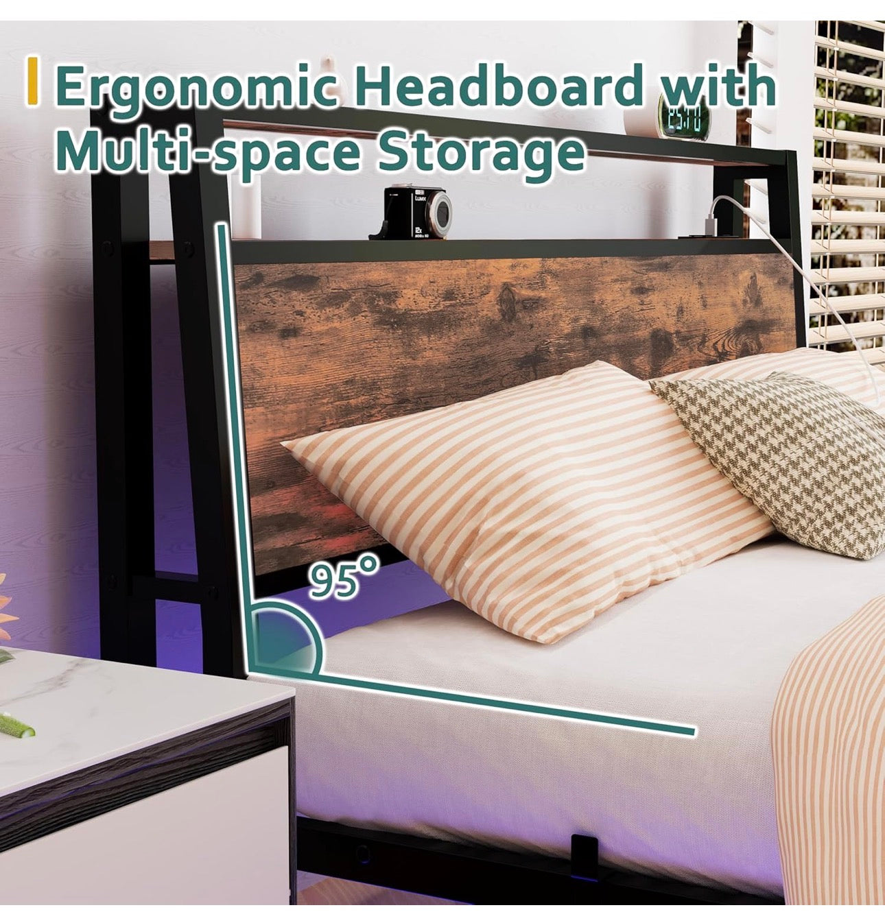 Floating Bed Frame Double Size with Charging Station and LED Lights, Wood Headboard with Storage Shelves