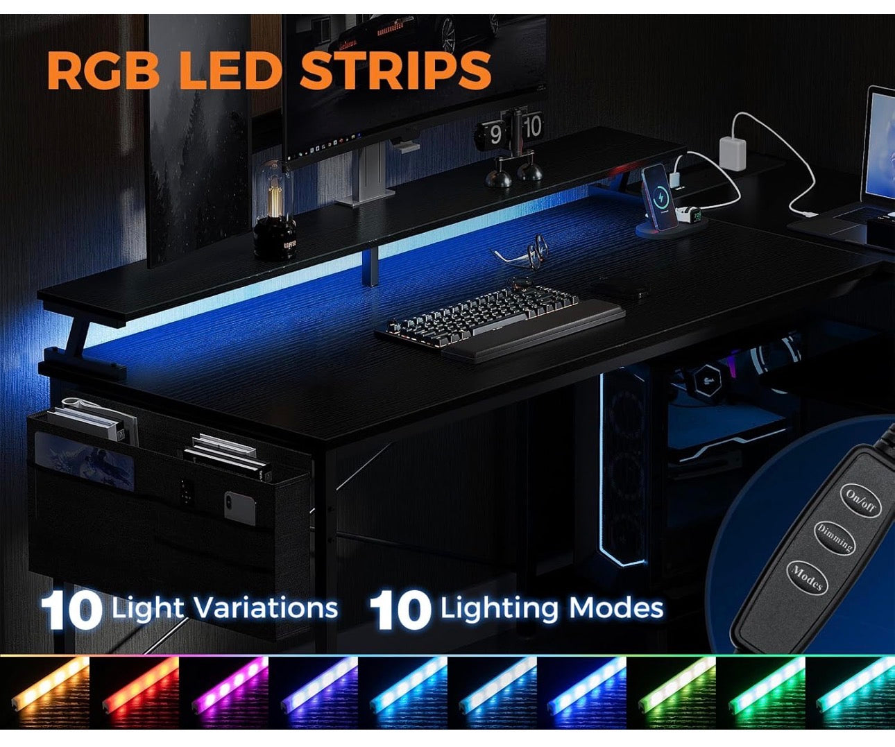 L Shaped Gaming Desk with LED Lights, 120 × 80 cm Computer Desk with Power Outlet, Reversible Corner Gaming Table with Storage Shelves & Monitor Stand, Black