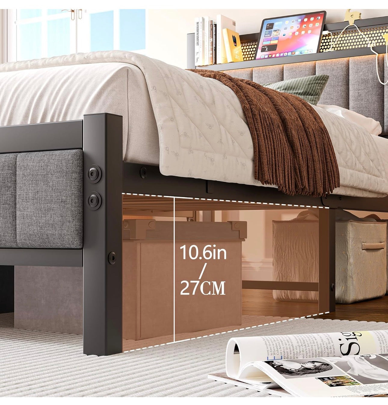 3ft Single Bed Frame With Storage Headboard, Upholstered Platform Bed Frame/Mattress Foundation/Metal Slat Support/No Box Spring Needed/Dark Grey bed frames single