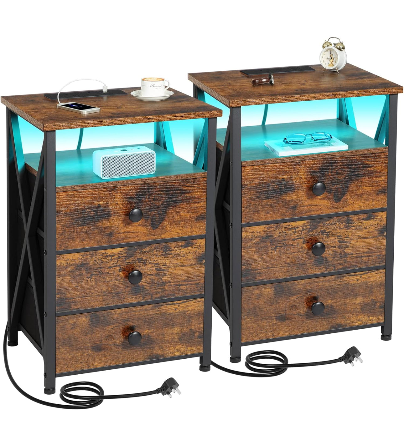 Bedside Table Set of 2 with Charging Station, Side Table with Led Lights