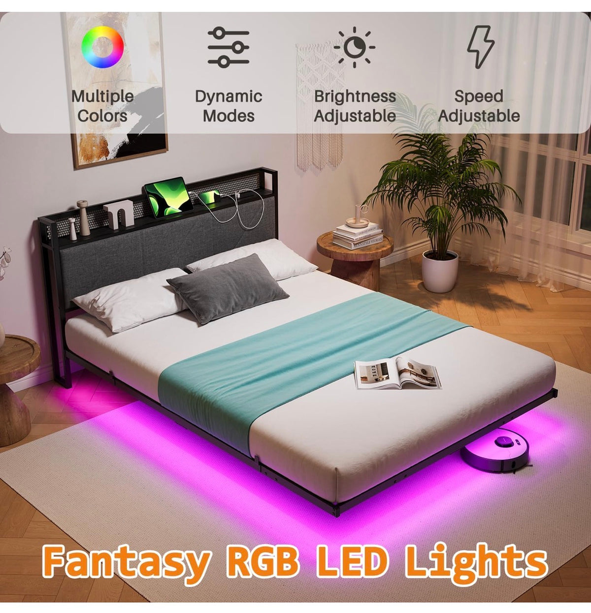 Floating Double Bed Frame with Upholstered Headboard Storage, Black
135x190cm Metal Bed Frame with LED Lights & USB Charging Station, 4ft6 Platform Bed, Heavy Duty Metal Slats, Noise Free