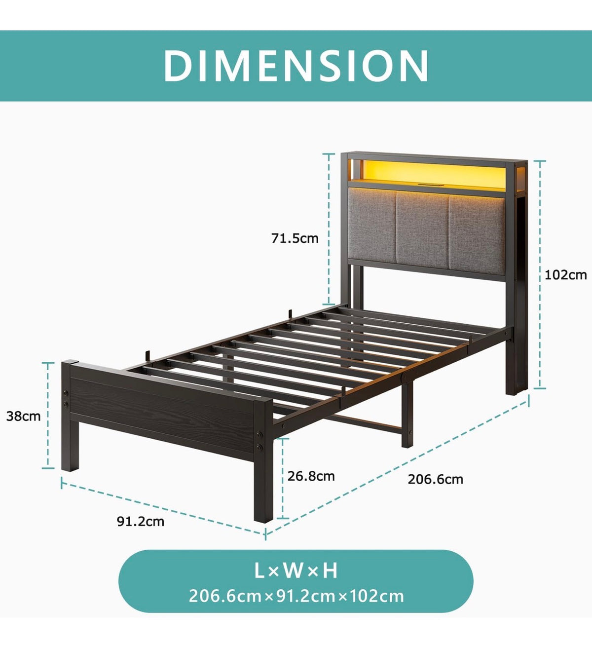 3FT Single Bed Frame with Storage Headboard, Black
Metal Single Bed with Upholstered Headboard, LED Lights and Charging Station, Heavy Duty Metal Slats Support,Easy Assembly