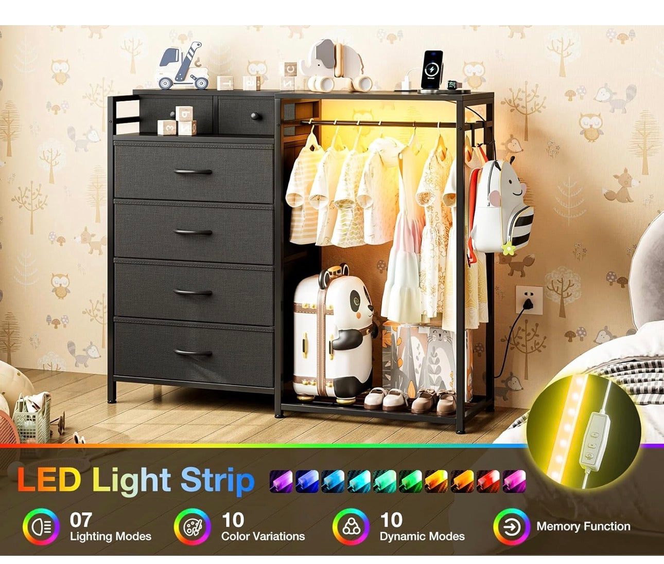 Chest of Drawers Bedroom with Hanging Rail, Built-in LED Lighting and Power Socket