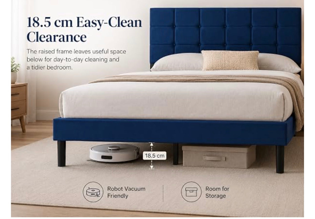 4ft Small Double Bed Frame with Velvet Upholstered Headboard, Blue
Upholstered, Solid slats Support, No Box Spring Needed, Easy Assembly,Underbed Storage,ideal for bedrooms, apartments
