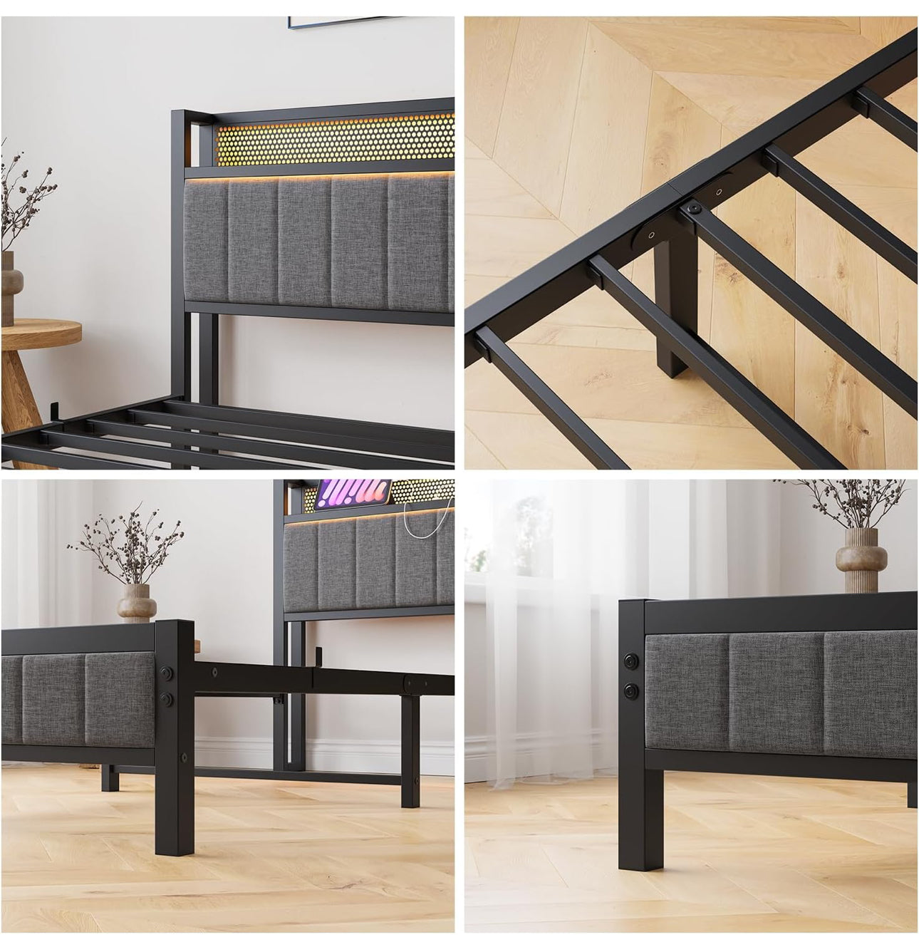 Single Bed Frames with Storage Headboard and Charging Station/LED Lights