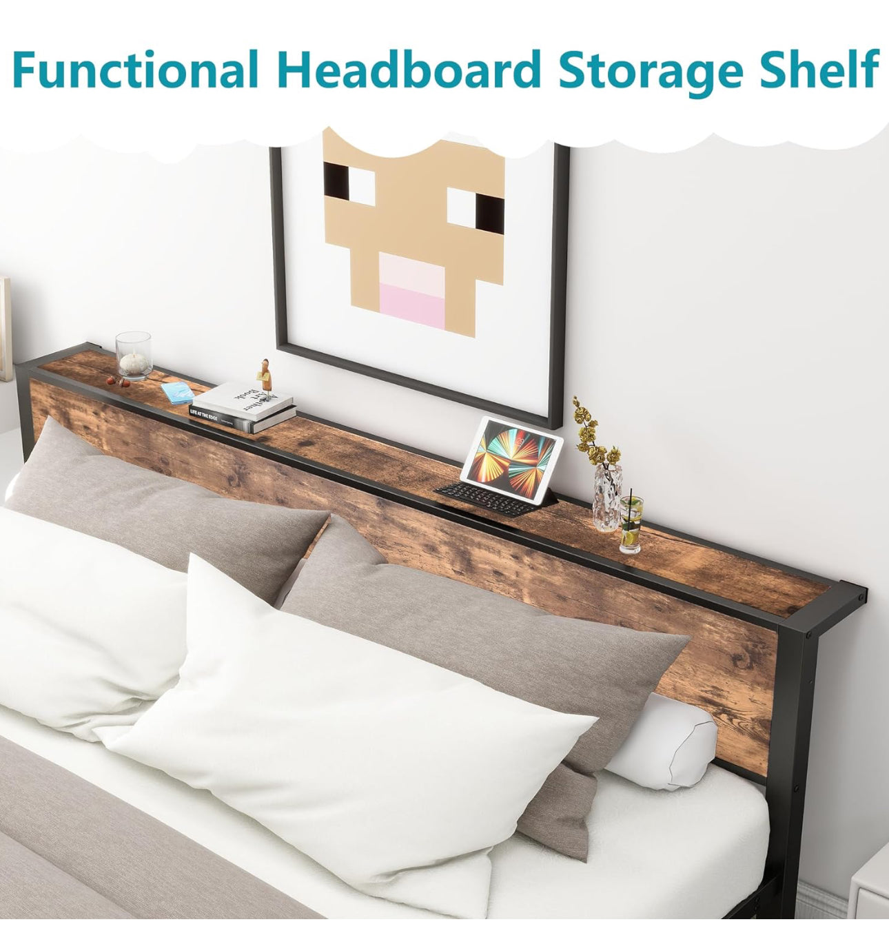 Double Bed Frame Metal Platform Bed Frame with Wood Headboard
