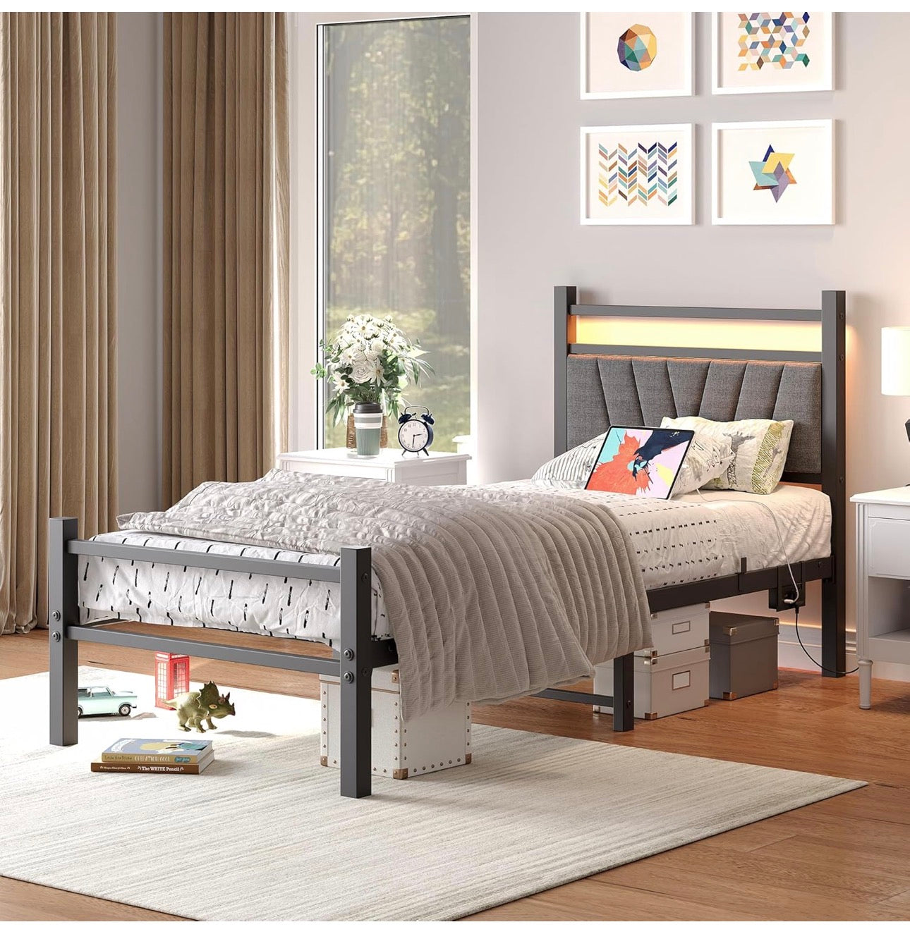 Bed frame with Headboard and USB Charging Station,Heavy Duty Bed Single Size with LED Lights