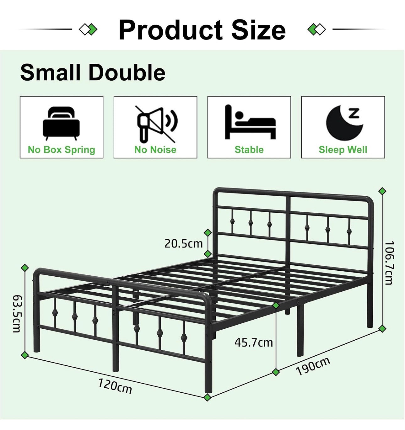 Small Double Bed Frame with Victorian Headboard, 120 x 190 cm, Black
Metal Slat Support, Vintage Style, Matching Footboard, 40cm Underbed Clearance, Easy Assembly, Noise Free