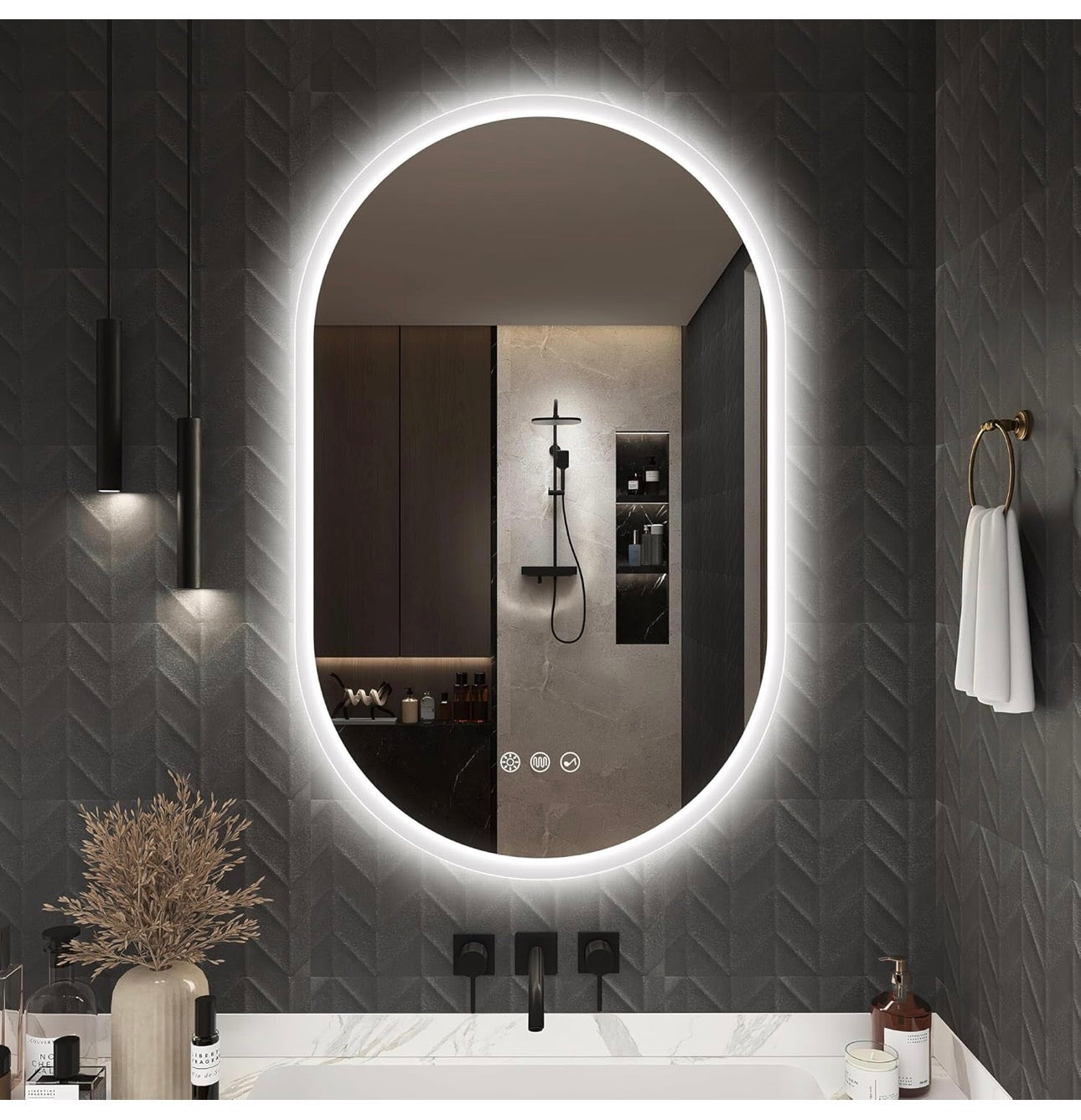 Oval Bluetooth Bathroom Mirror with LED Lights 500x800mm, Anti-Fog, LED Bathroom Mirror with Memory, 3000K-6500K, Dimmable, HD Tempered Glass, IP44 Waterproof, Horizontal or Vertical