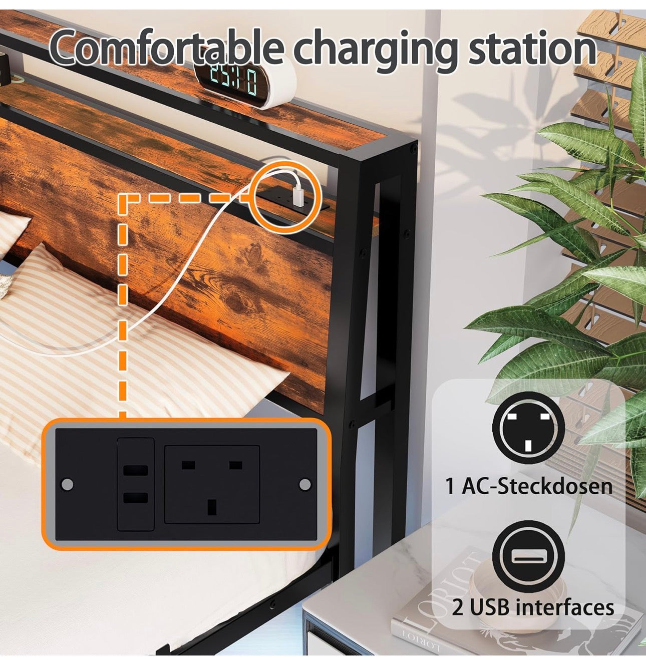 Floating Bed Frame King Size, Black | Charging Station, LED Lights, Wood Headboard with Storage Shelves, Heavy Duty Metal Slats, No Box Spring Needed