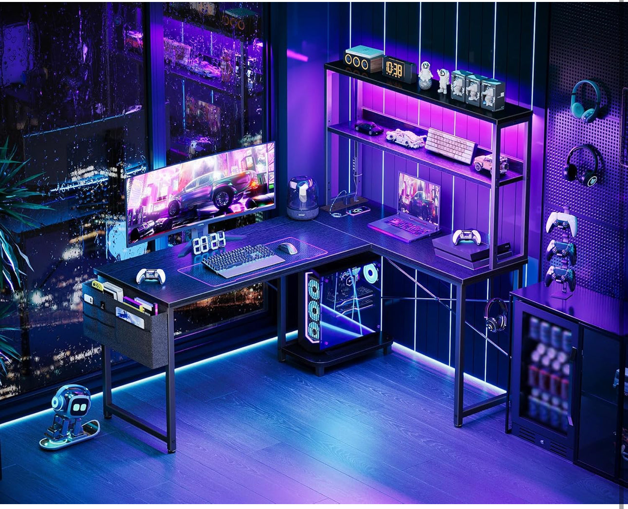 L Shaped Gaming Desk with LED Lights & Power Outlet, 135 × 100 cm