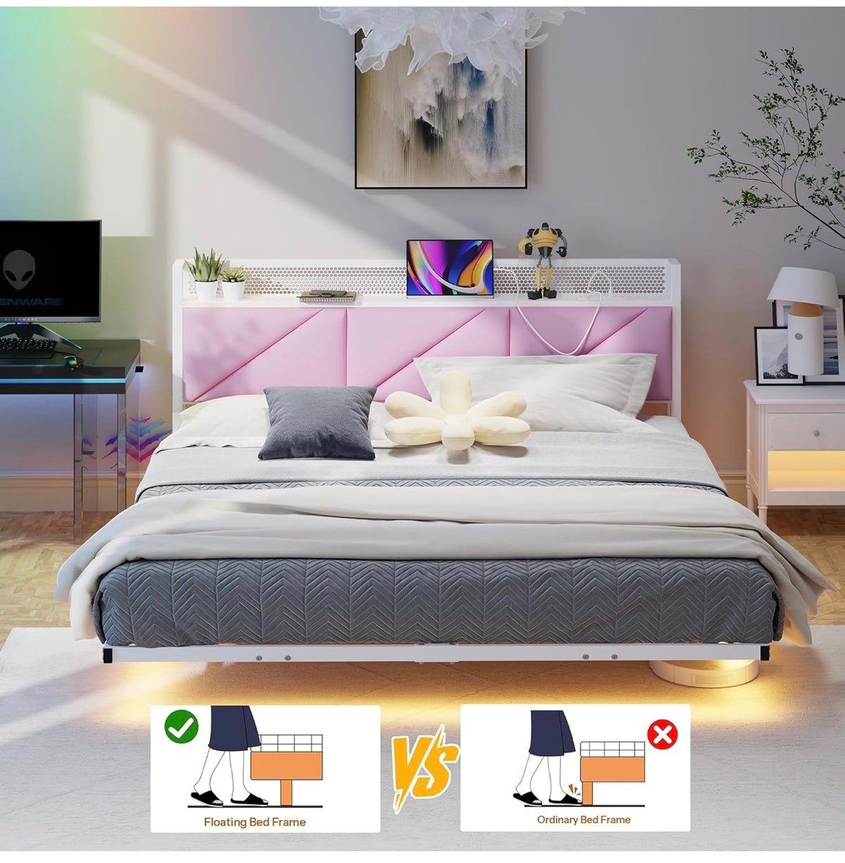 King Size Bed Frame with Floating Upholstered Storage Headboard,Pink
150x200cm Metal Bed Frame with LED Lights & USB Charging, 5ft King Platform Bed, Heavy Duty Metal Slats, Noise Free