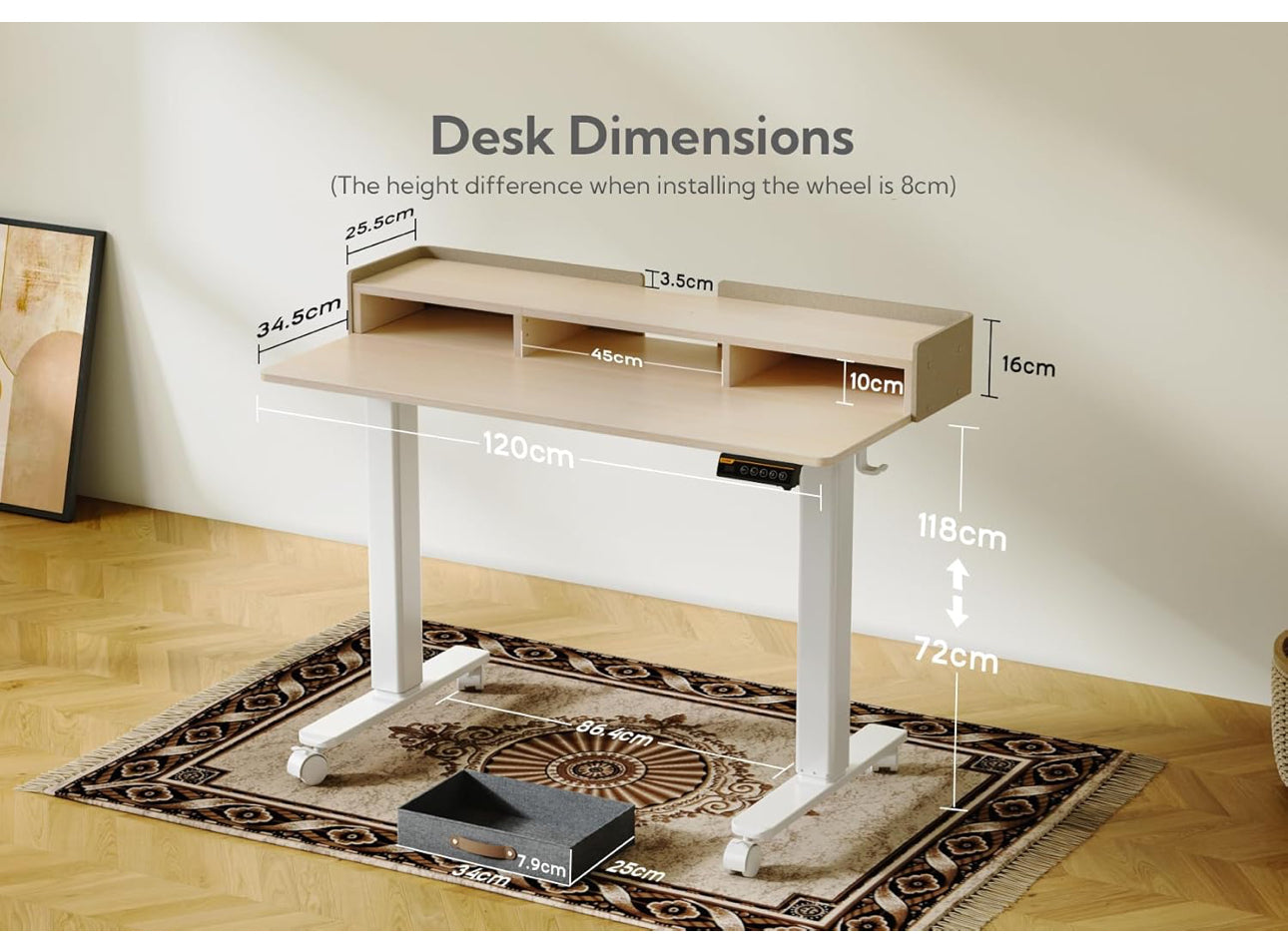 Electric Standing Desk with Drawers, 120x60cm Height Adjustable