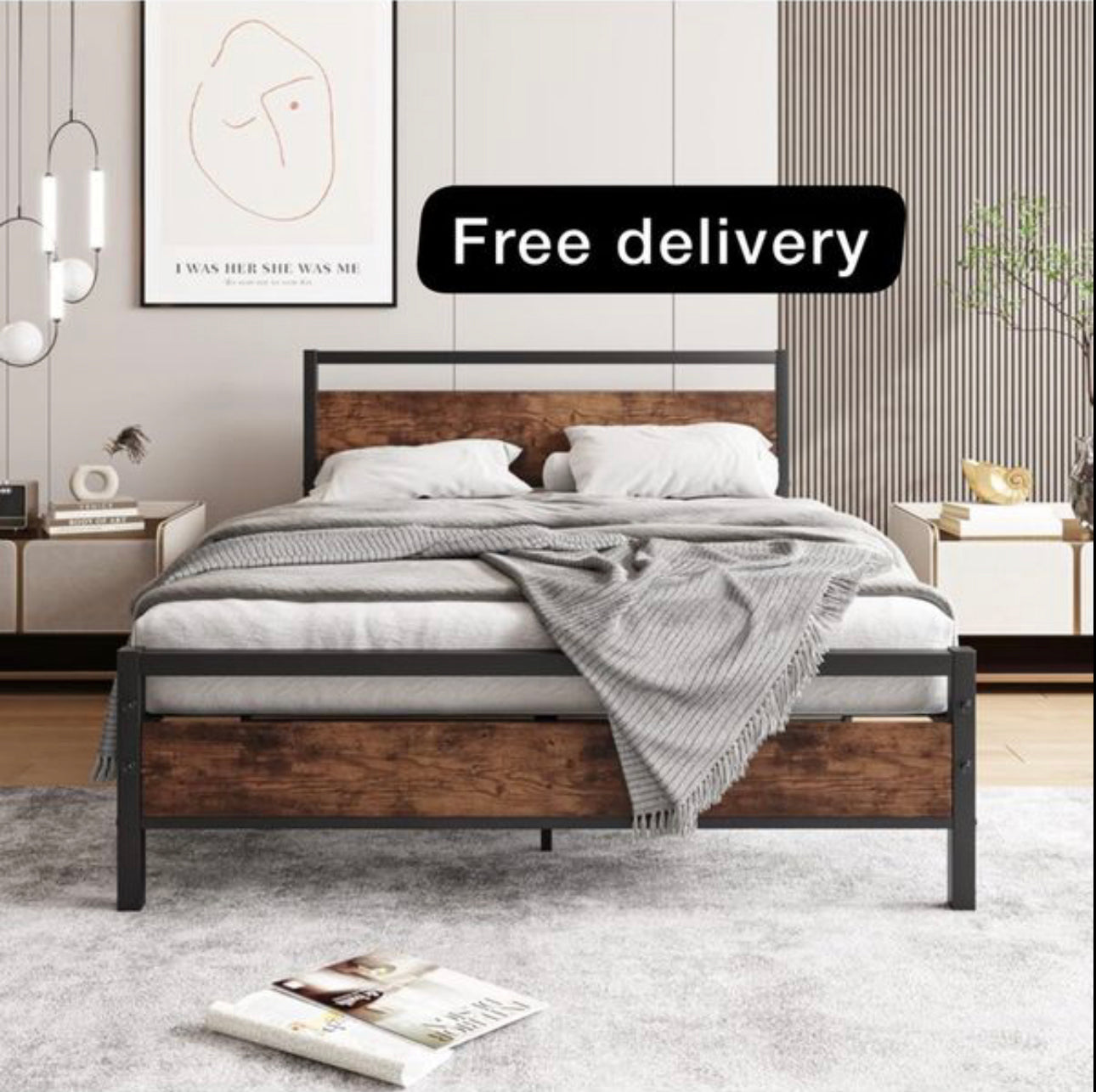 Double Bed Frame with Wooden Headboard