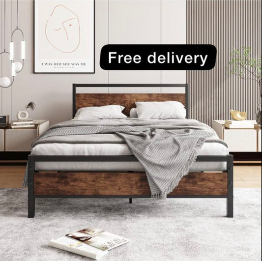 Double Bed Frame with Wooden Headboard