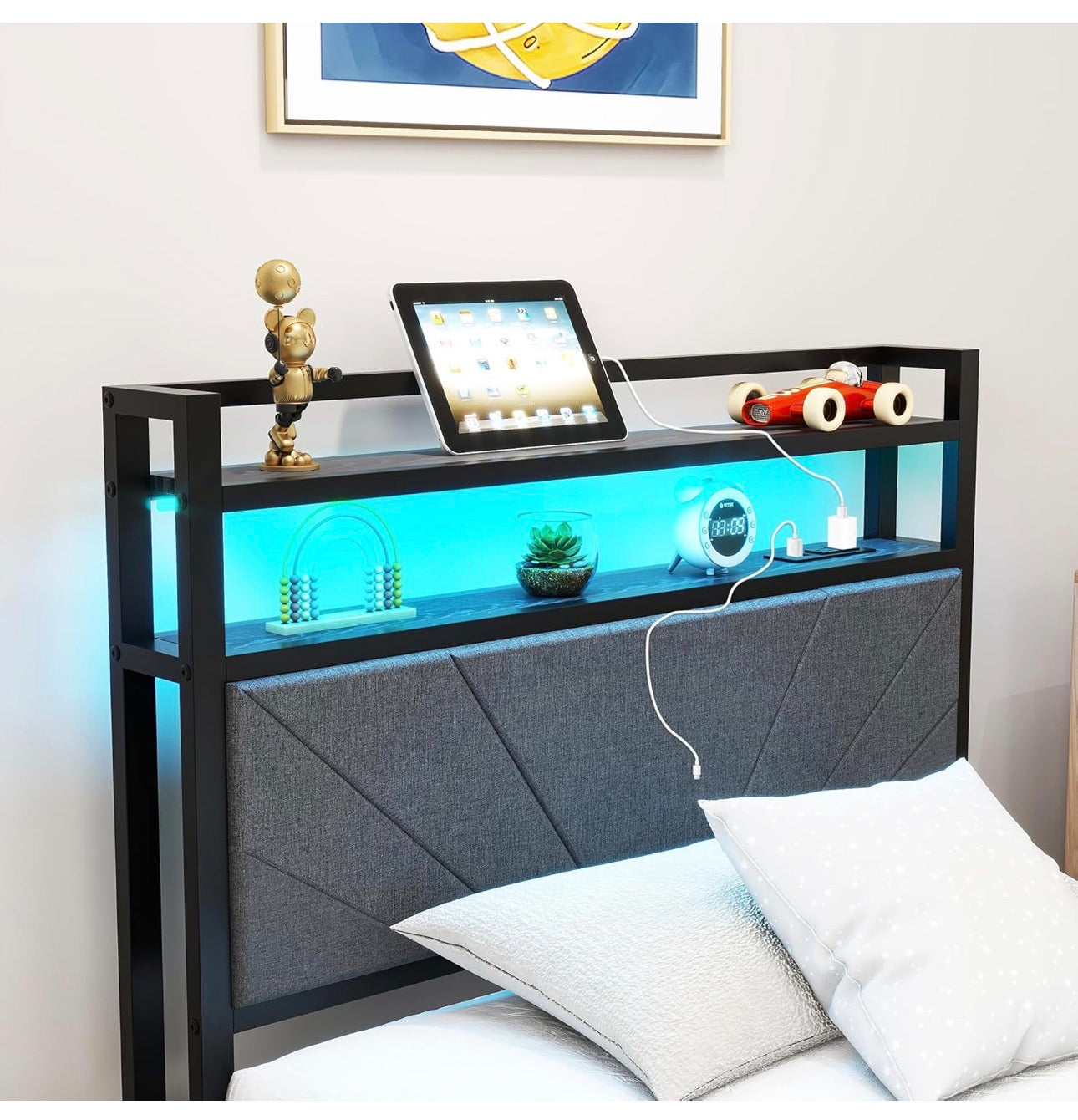 3ft Single Size Bed Frame with LED Lights Storage Upholstered Headboard and Charging Station