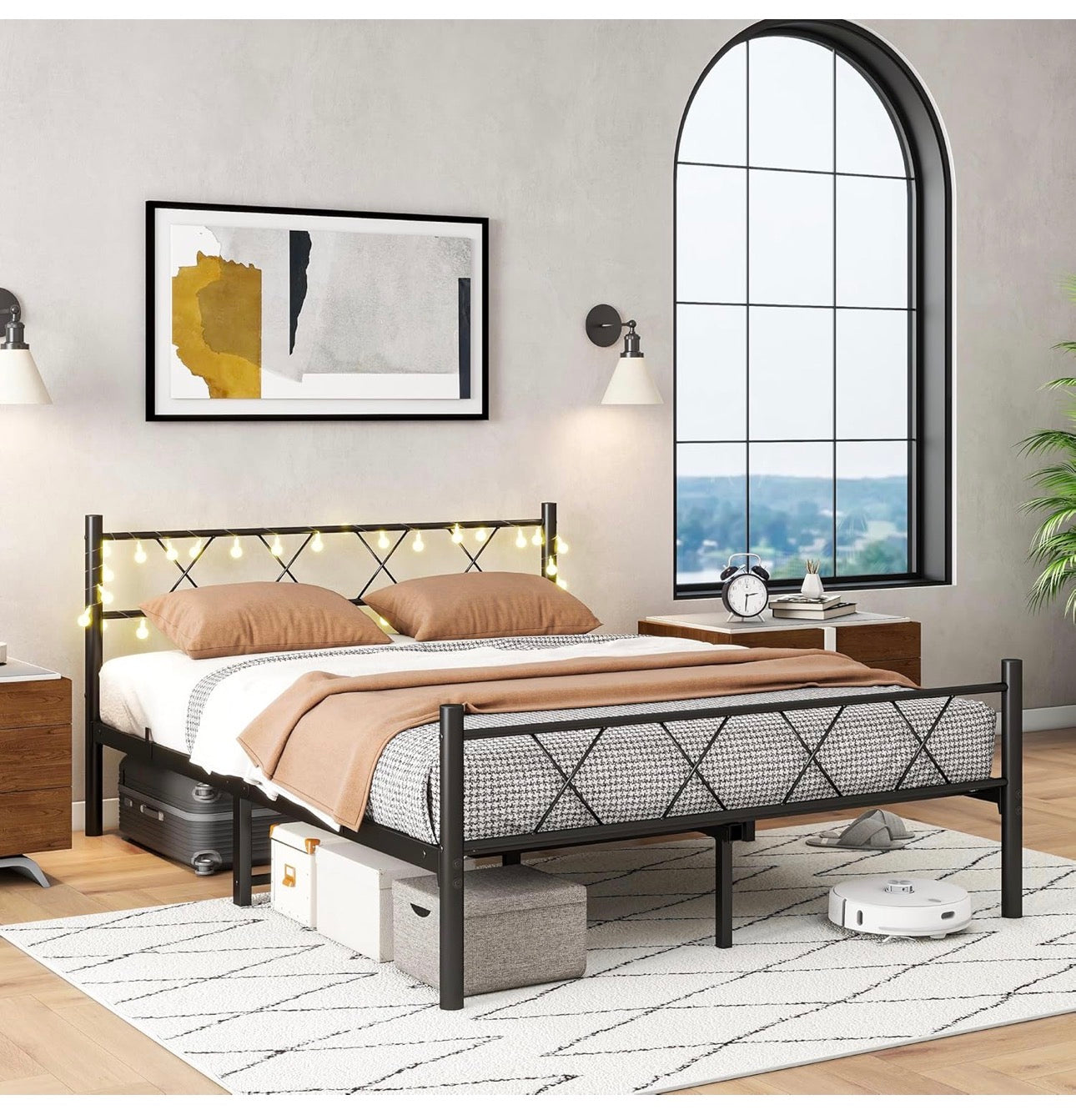 King Size Bed Frame with Headboard & lights,5ft Me