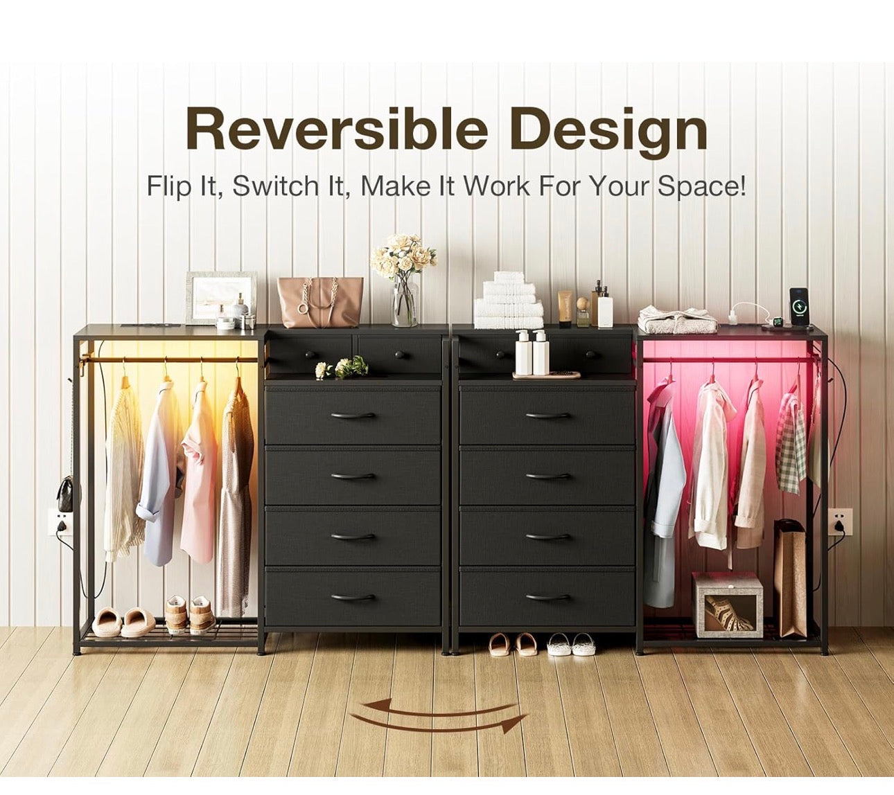 Chest of Drawers Bedroom with Hanging Rail, Built-in LED Lighting and Power Socket
