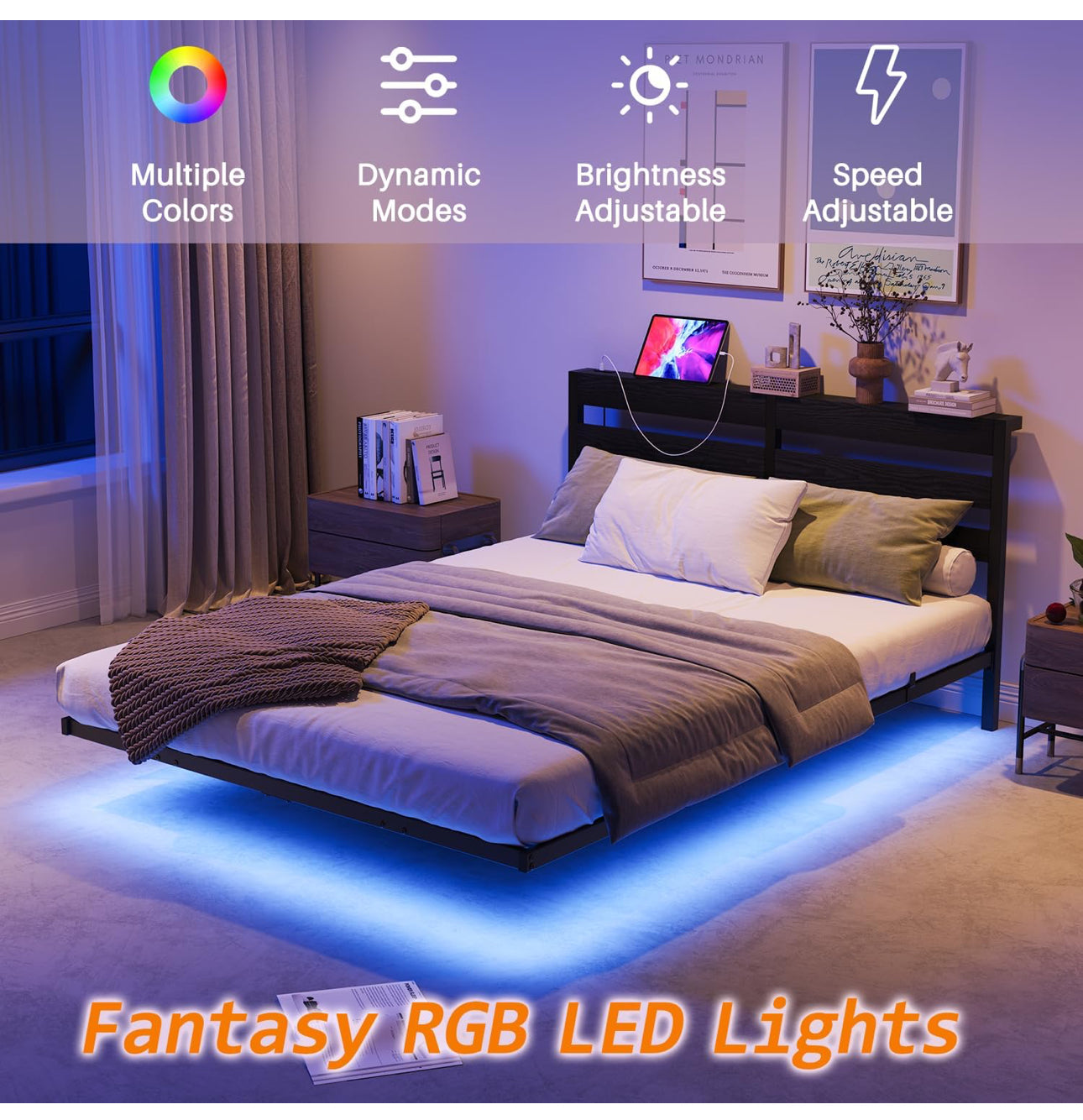 4ft6 Double Floating Bed Frame with LED Lights & USB Charging Station