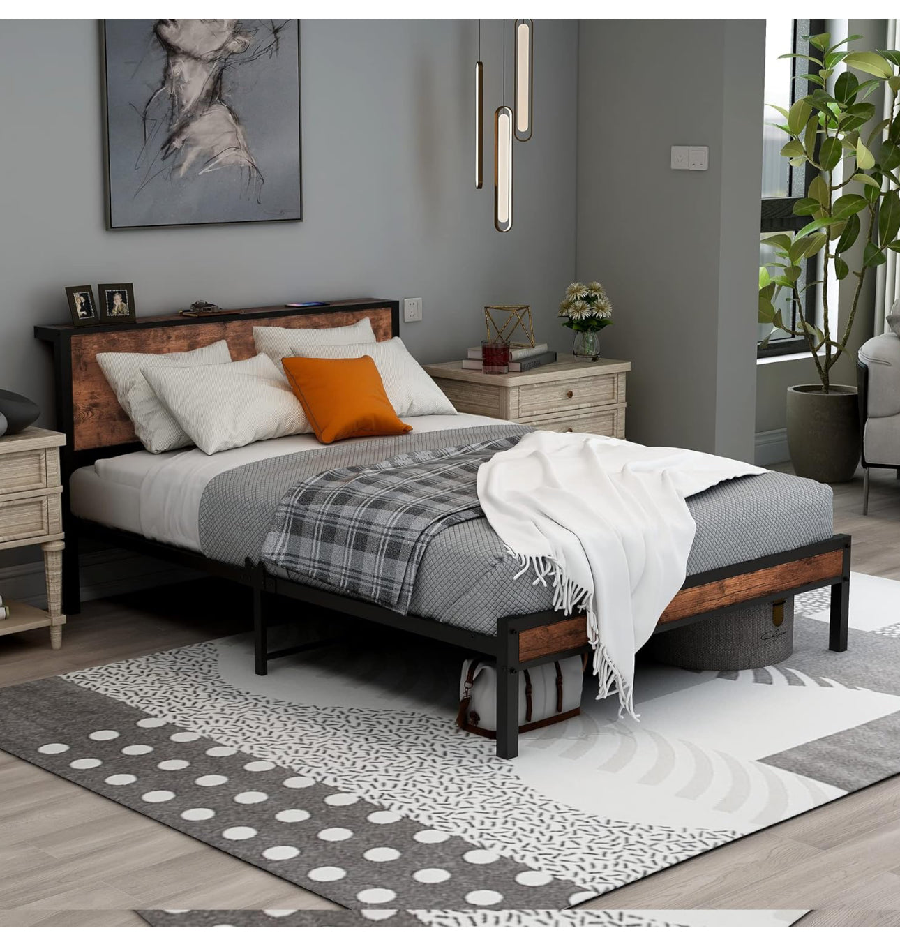 Double Bed Frame Metal Platform Bed Frame with Wood Headboard