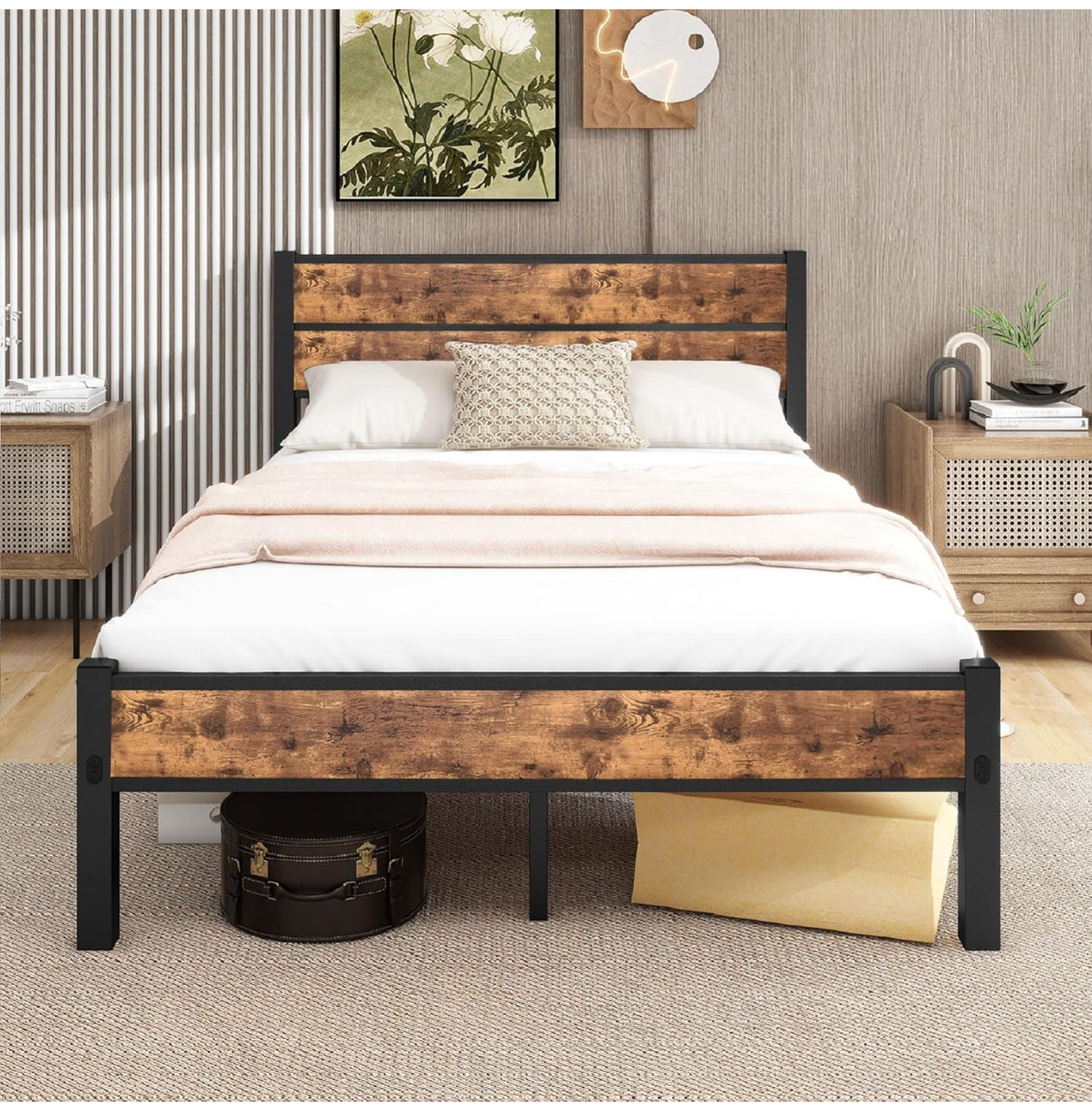 Double Bed Frame with Wooden Headboard and Footboard