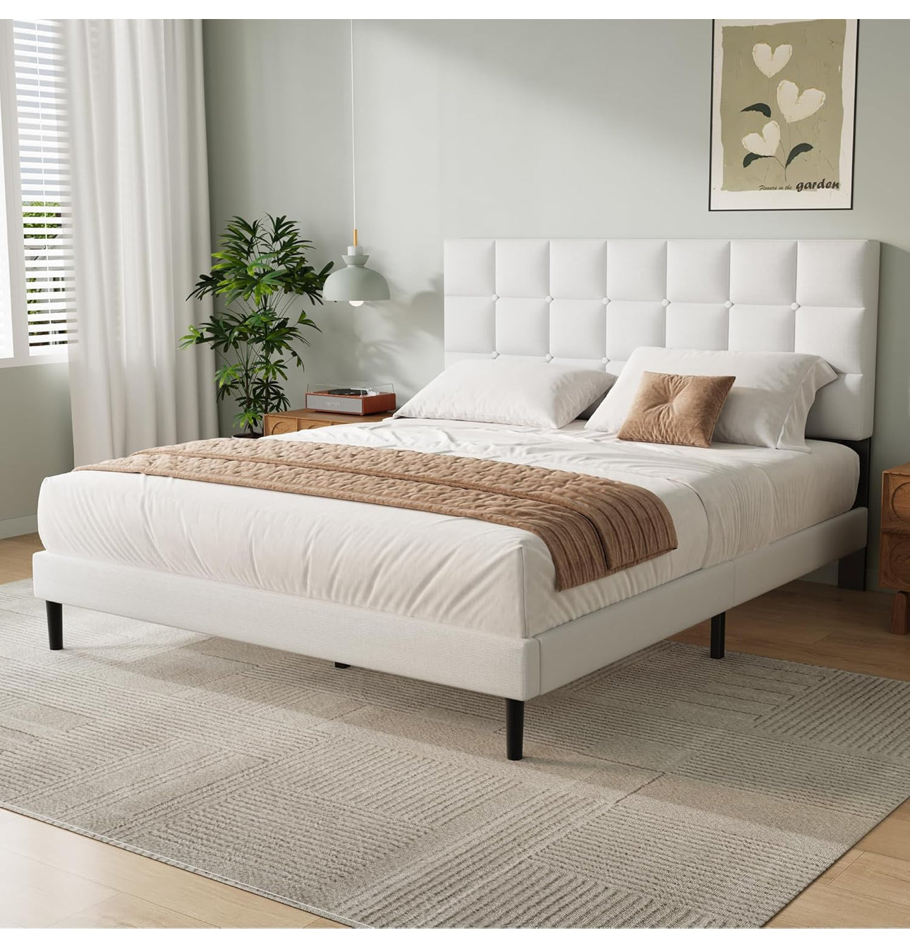 King Bed Frame, Easy Assembly, Sturdy Wooden Slat Support, Upholstered Platform with Headboard