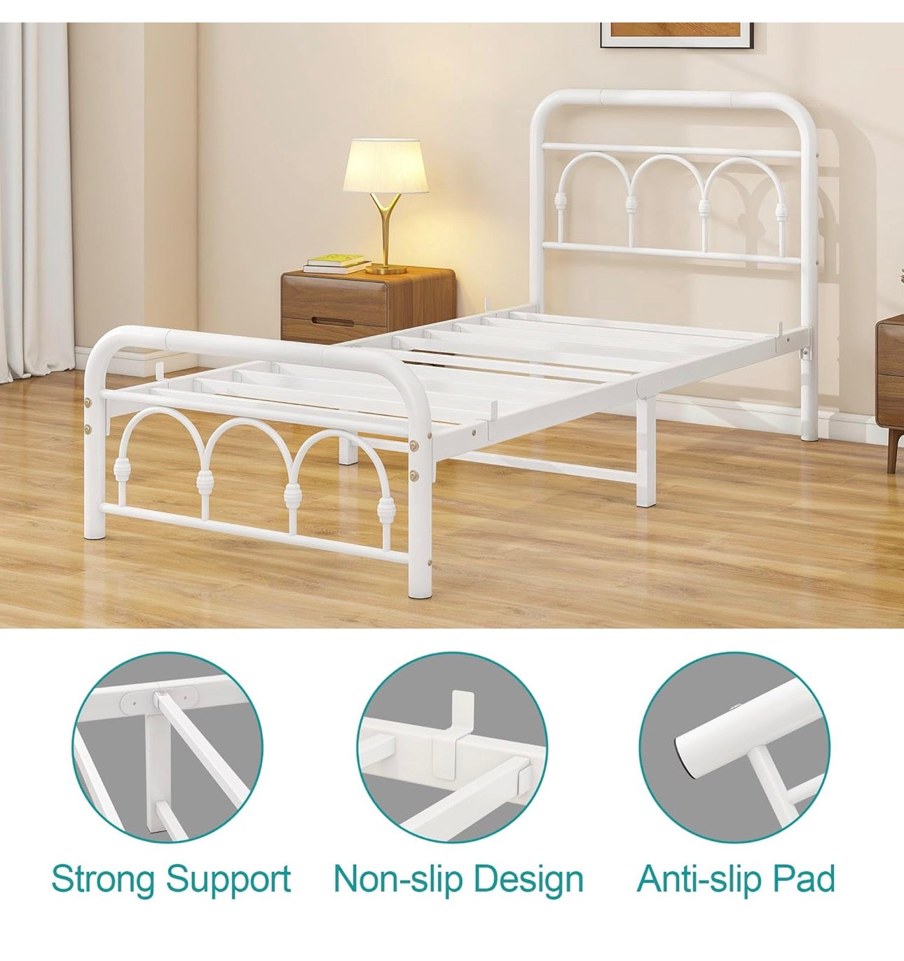 3ft Single Bed Frame with Headboard(90x190cm),Metal Arched Single Size Bed Base