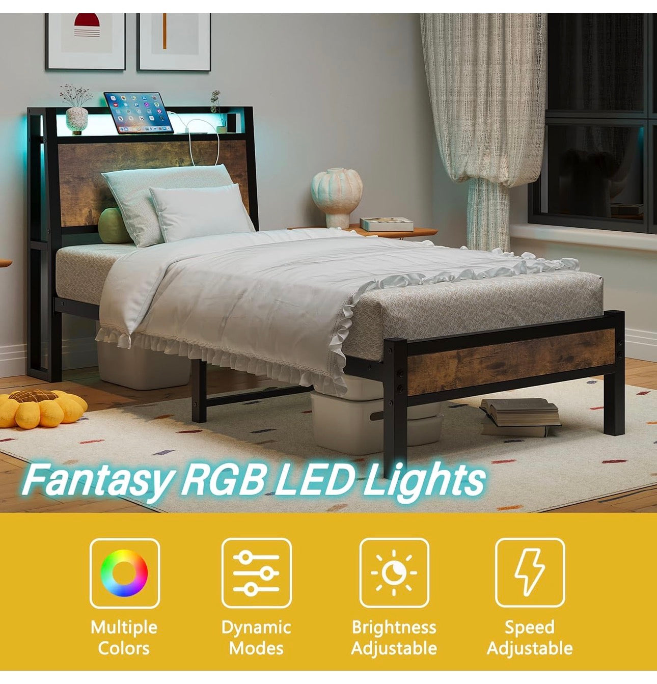 3ft Single Bed Frame with Charging Station and LED Lights, Wood Headboard with Storage Shelves, Heavy Duty Metal Slats, No Box Spring Needed, Noise Free, Easy Assembly,Black