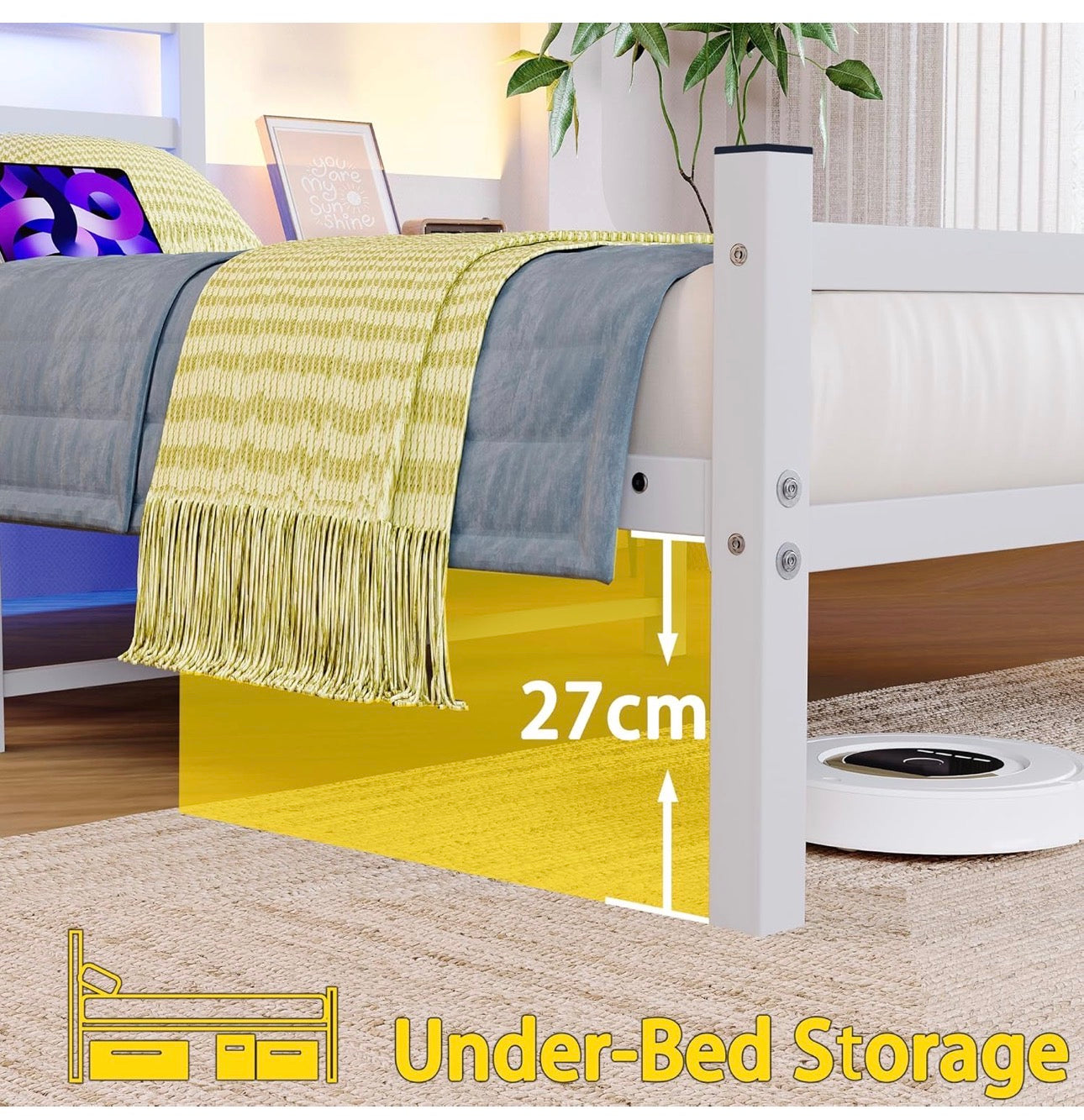 Single Bed Frame with Headboard&LED Lights,Heavy Duty Metal Platform Bed Frame Single with Charging Station,3ft Bed Base with Strong Slats Support,UnderBed Storage,Easy Assembly,White
