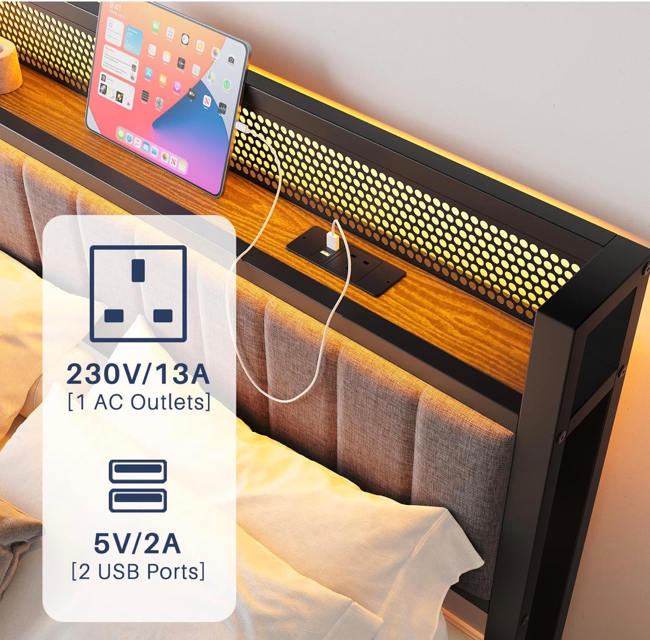 Single Bed Frame with Upholstered Headboard, Wooden Storage Headboard Shelf, 3ft Upholstered Bed Frame with Charging Station/USB Ports and LED Lights (Gray Single Bed)