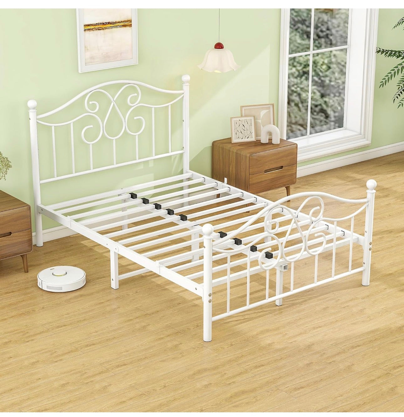 4ft6 Double Bed Frame with Headboard and Footboard Metal Bed Frame Double Mattress Foundation No Box Spring Needed/Easy Assembly/Bedstead Base/White