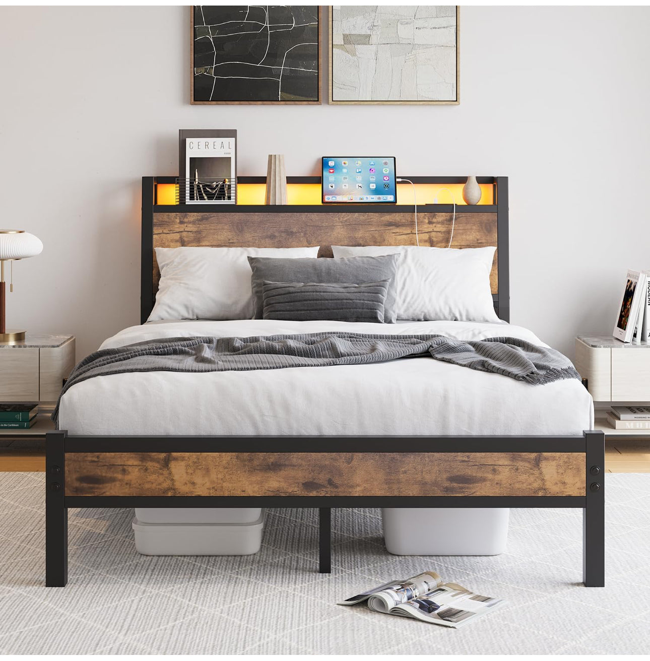 Double Size Bed Frame with Charging Station and LED
