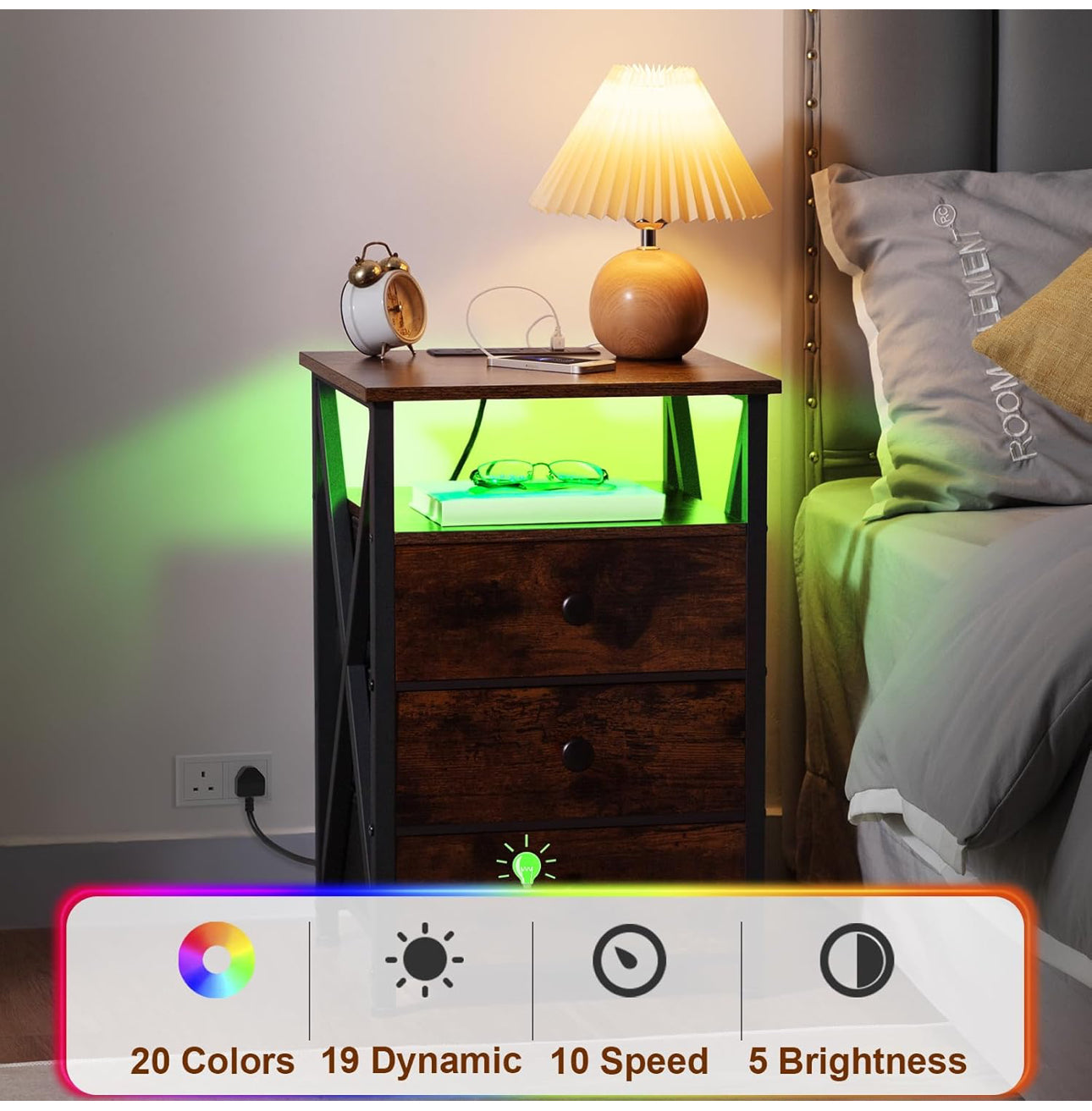 Bedside Table Set of 2 with Charging Station, Side Table with Led Lights