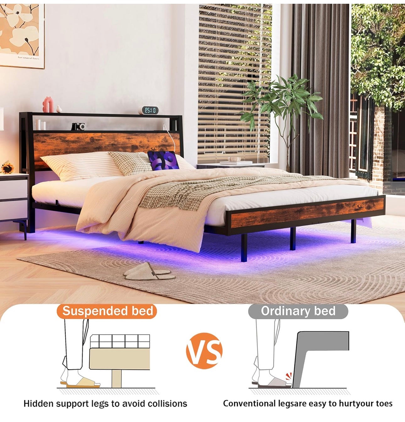Floating Bed Frame King Size, Black | Charging Station, LED Lights, Wood Headboard with Storage Shelves, Heavy Duty Metal Slats, No Box Spring Needed