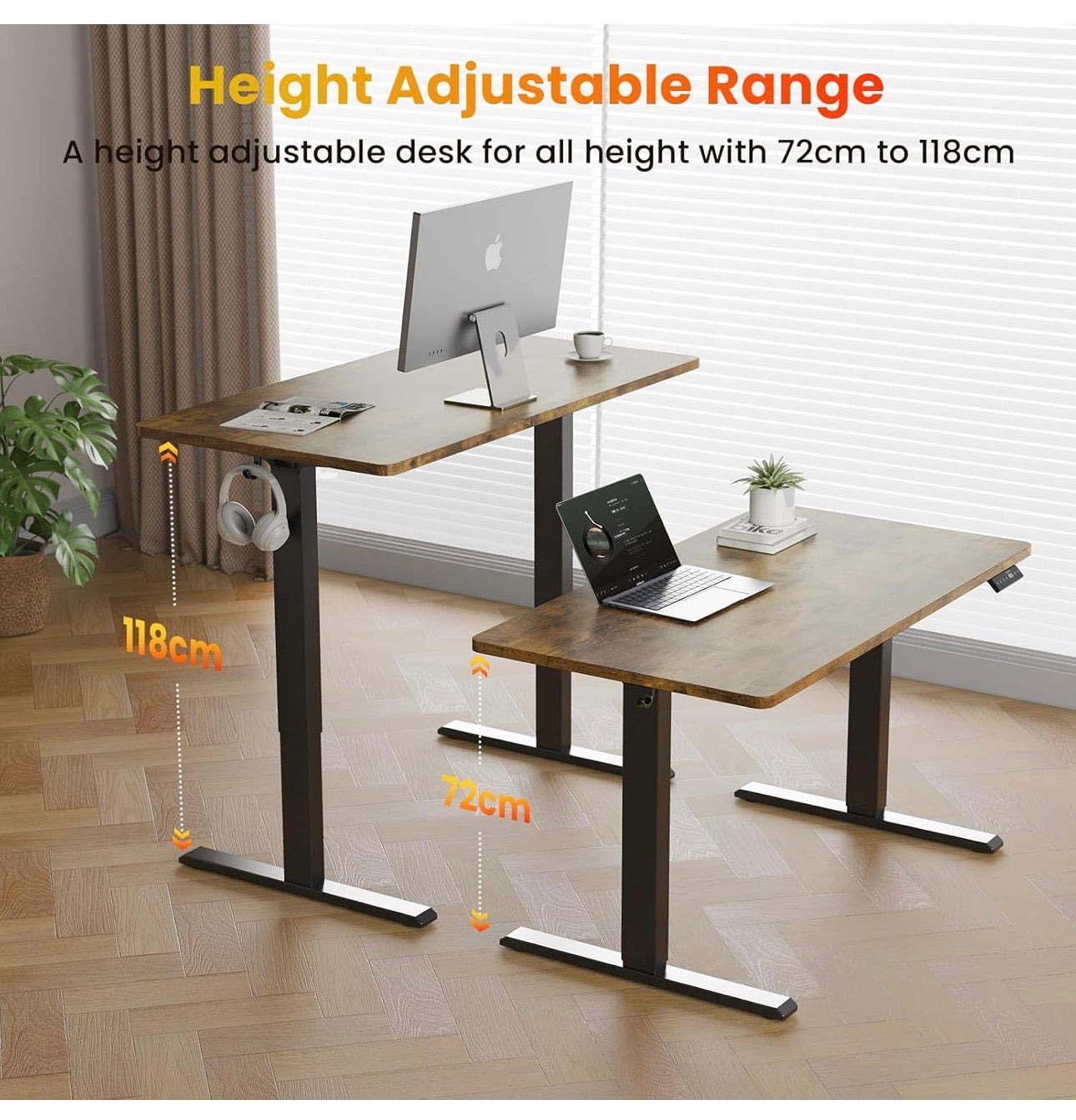 140 x 60 cm Standing Desk, Electric Height Adjustable Desk with 2 Hooks