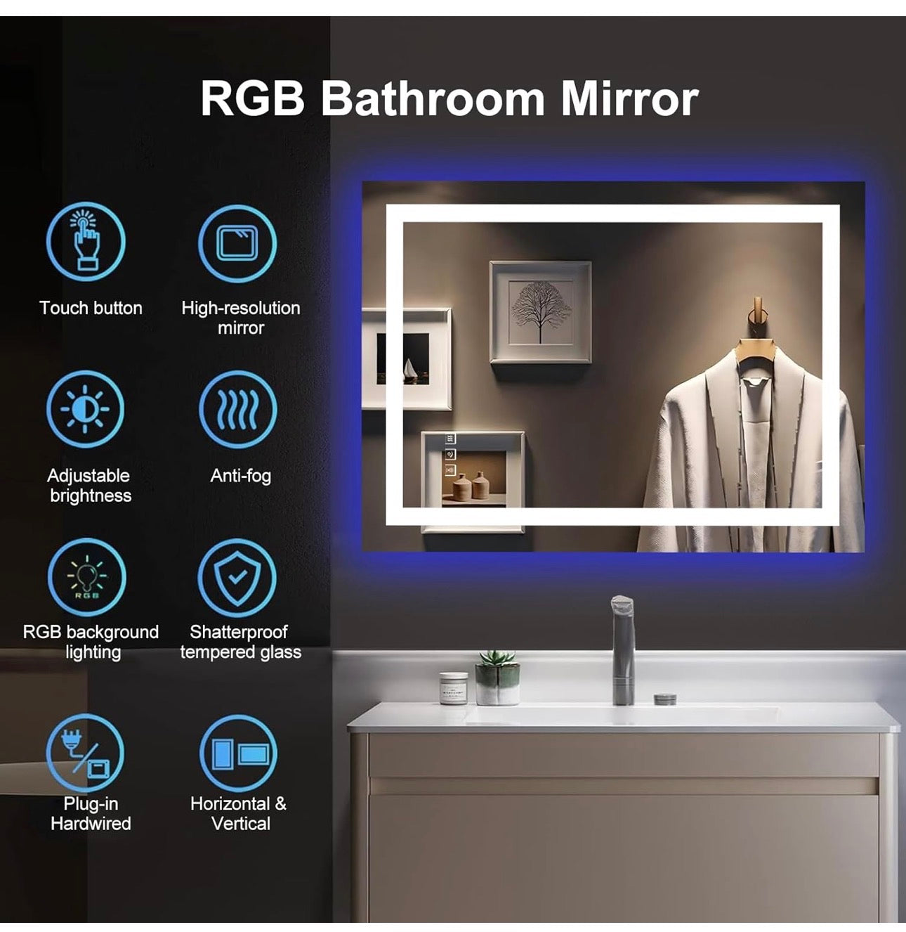 Illuminated Bathroom Mirror with Light, LED Backlit Wall Mirror, with Touch Sensor and Demister Anti-Fog