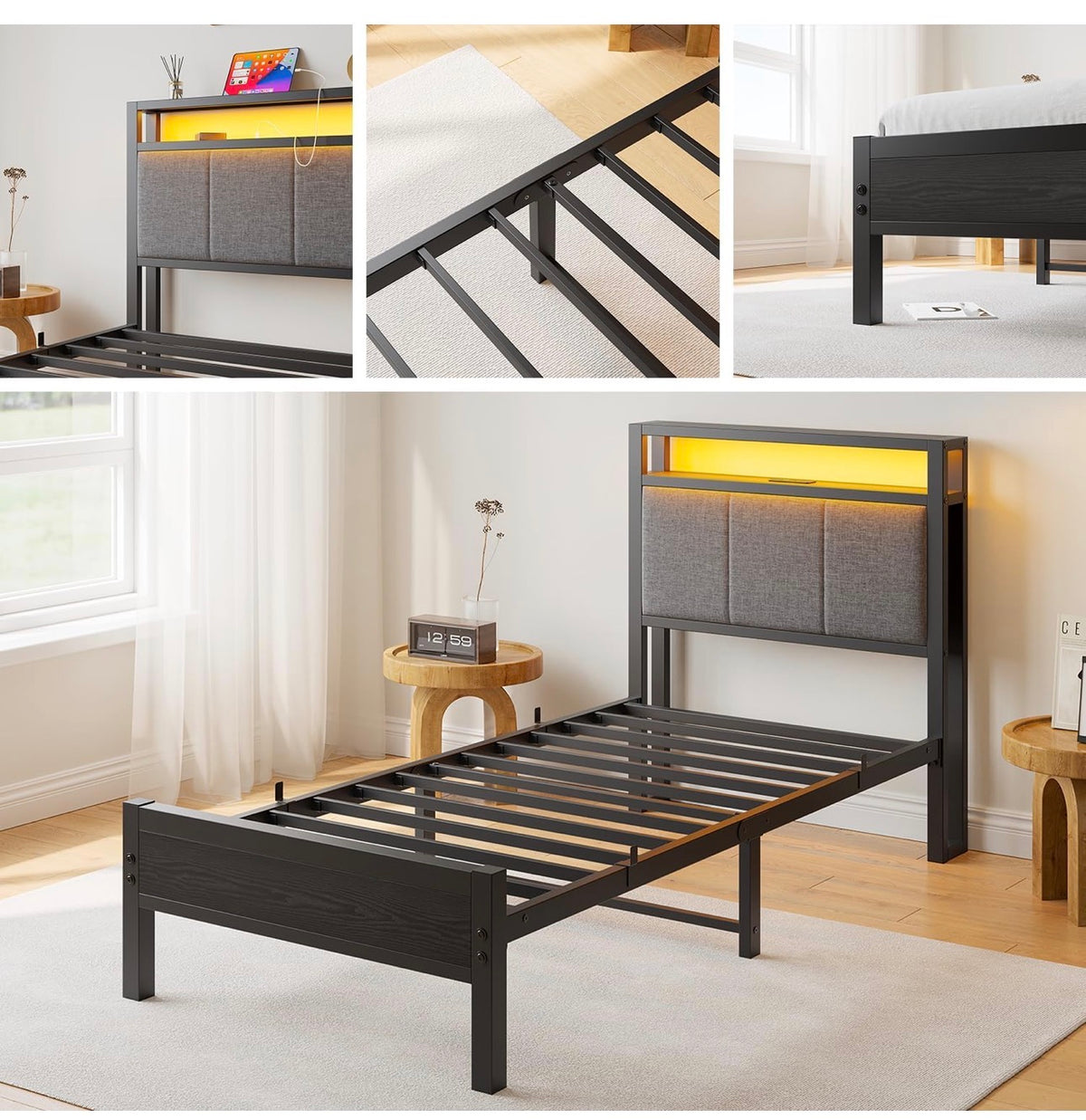 3FT Single Bed Frame with Storage Headboard, Black
Metal Single Bed with Upholstered Headboard, LED Lights and Charging Station, Heavy Duty Metal Slats Support,Easy Assembly