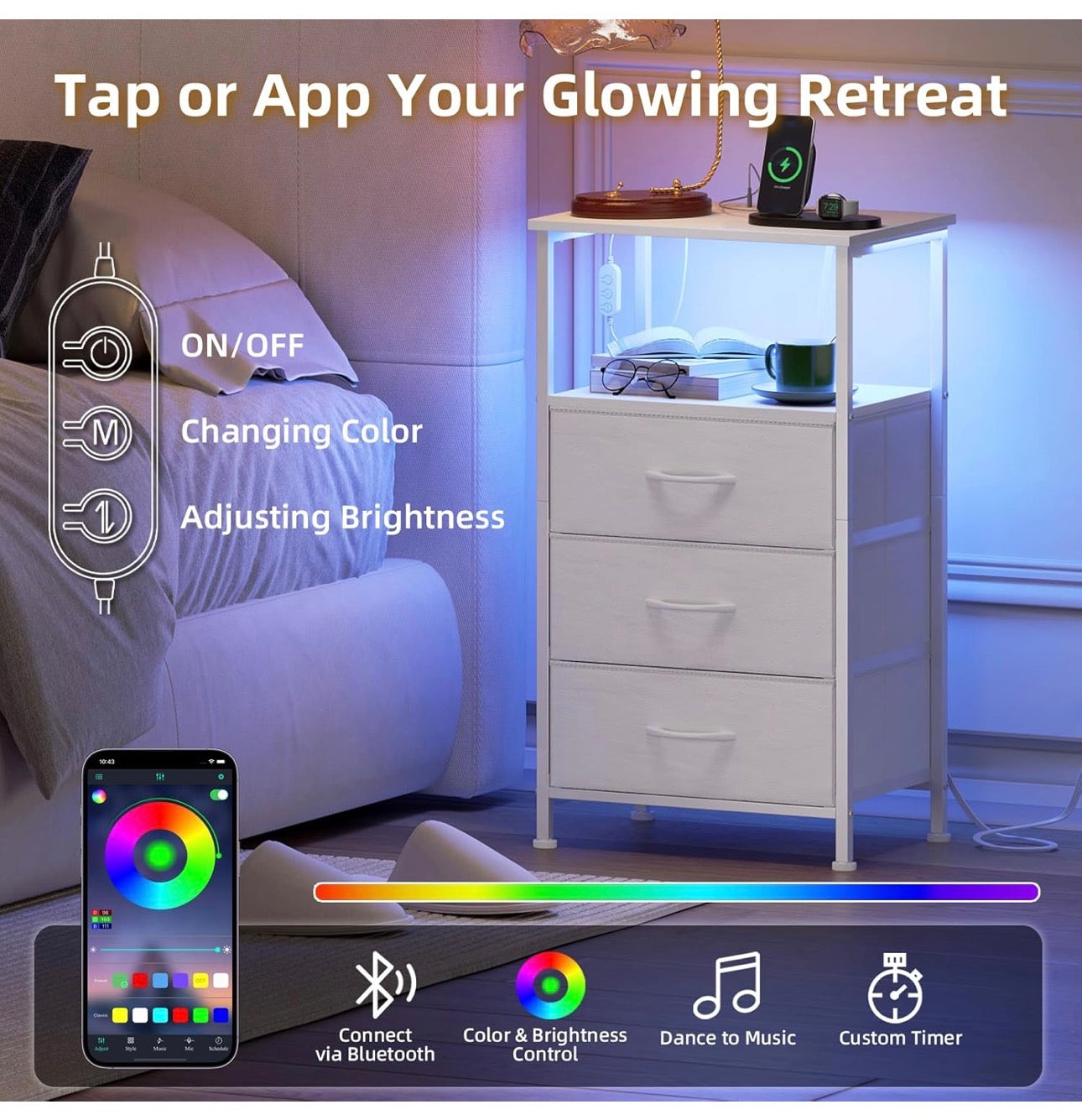 3 Drawers Chest of Drawers for Bedroom with Charging Station and LED Light, Bedside Table with 2 Outlets and 2 USB Ports, Bed Side Table Cabinet for Dorm Kids Room Closet, White Leather
